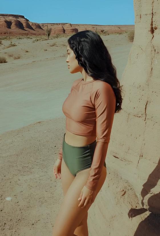 Retro Surf Long-Sleeve Bikini - Cropped Rash-Guard, High-Waist Bottoms - Sporty Two-Piece Swimsuit, Terracotta / Forest Green