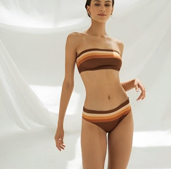 Bandeau Two-Piece Set, Strapless Bikini Swimsuit, Sexy Festival Tube-Top, Brown 1970s Y2K Mod Gradient