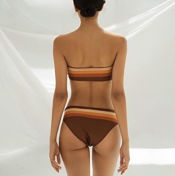 Bandeau Two-Piece Set, Strapless Bikini Swimsuit, Sexy Festival Tube-Top, Brown 1970s Y2K Mod Gradient