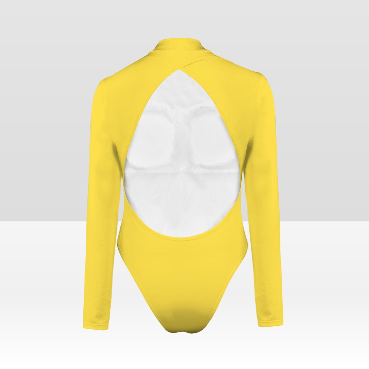 Vibrant Yellow Long-Sleeve One-Piece Swimsuit, Open-Back Fluo 1980s Bathing Suit, Surfing, Trendy, Lined Front, Removable Pads
