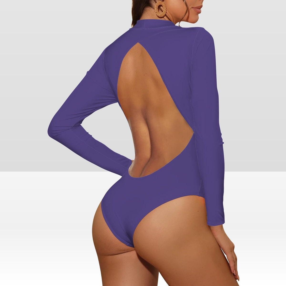 Deep Purple Blue Swimsuit – Long-Sleeve Open-Back Surf Yoga Rash Guard, Front Lined, Removable Padding