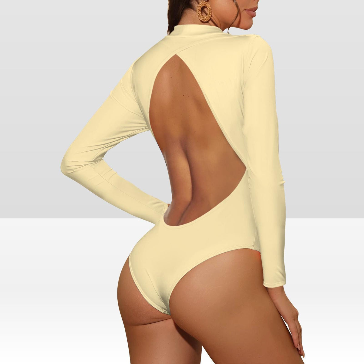 Vanilla Cream Nude Light-Beige Long-Sleeve Open-Back Swimsuit, Front Lined, Removable Padding