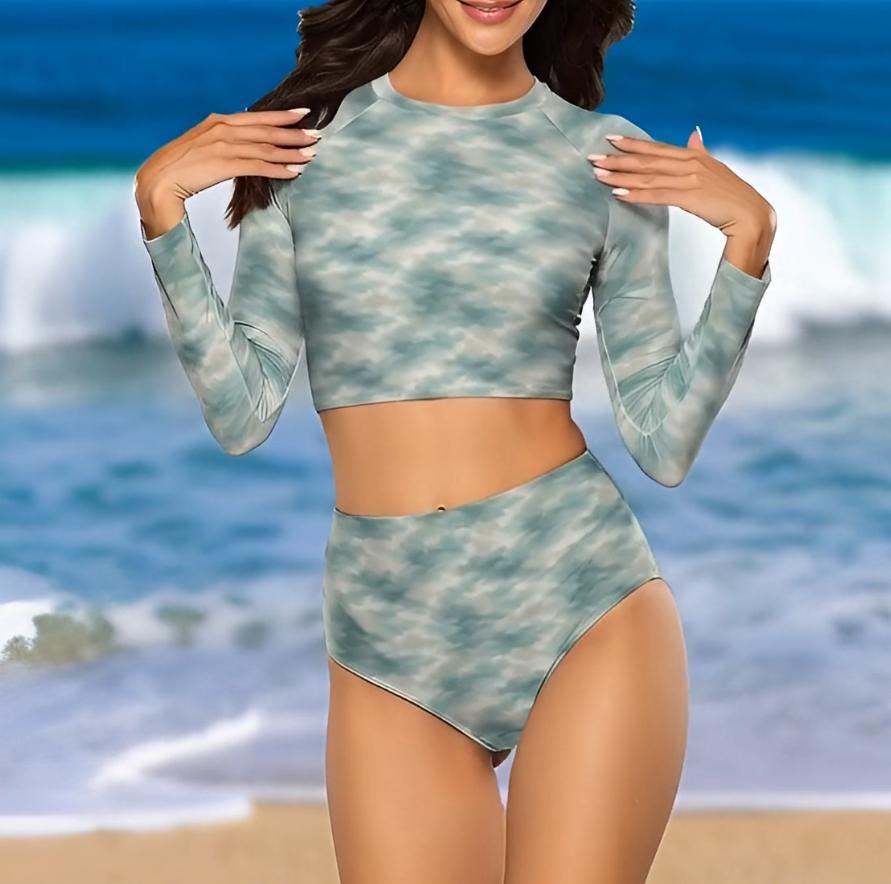 Retro Surf Long-Sleeve Bikini - Cropped Rash-Guard, High-Waist Bottoms - Sporty Two-Piece Swimsuit, Ocean Water Camouflage