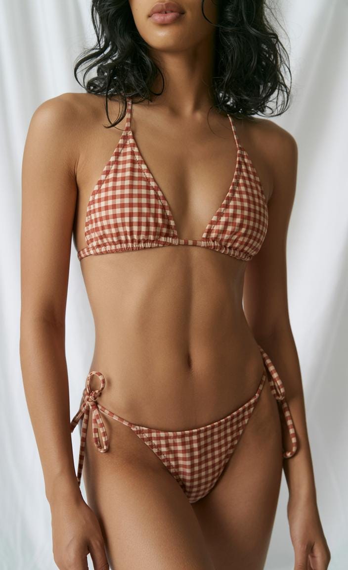 Retro Red Gingham Triangle Bikini Set, Removable Pads, Adjustable Halter String Tie-Up Swimsuit