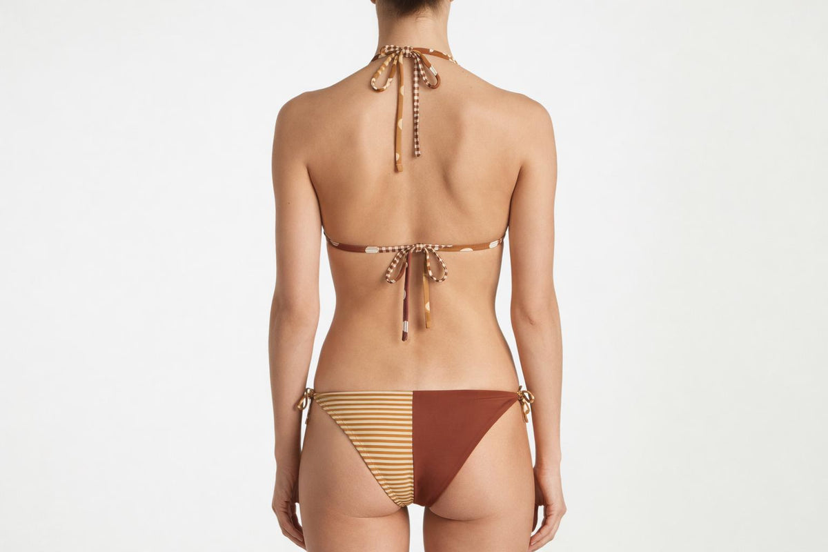 Retro Rustic Boho Triangle Bikini, Traditional Patterns Patchwork Swimsuit, Brown & Mustard