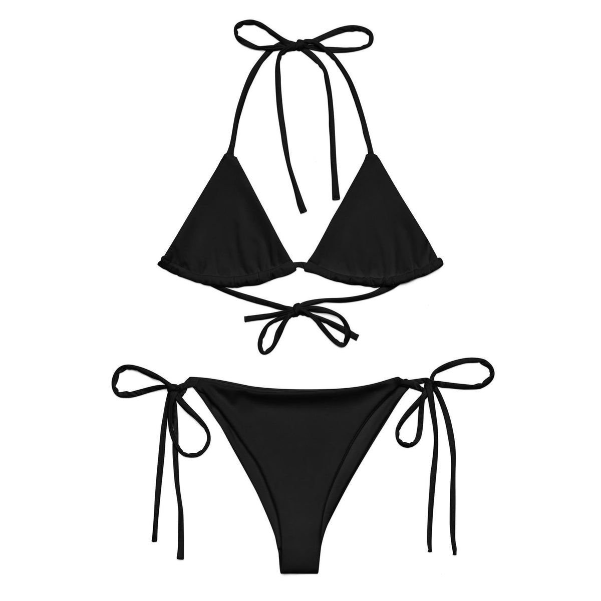 Classic Retro & Stylish Black Triangle Swimsuit, Eco-Friendly Recycled Strappy Bikini Set, Lined, Removable Padding