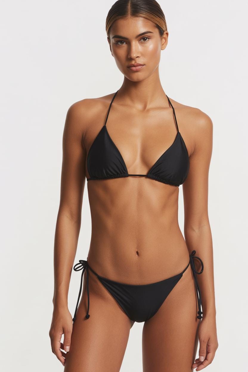 Classic Retro & Stylish Black Triangle Swimsuit, Eco-Friendly Recycled Strappy Bikini Set, Lined, Removable Padding
