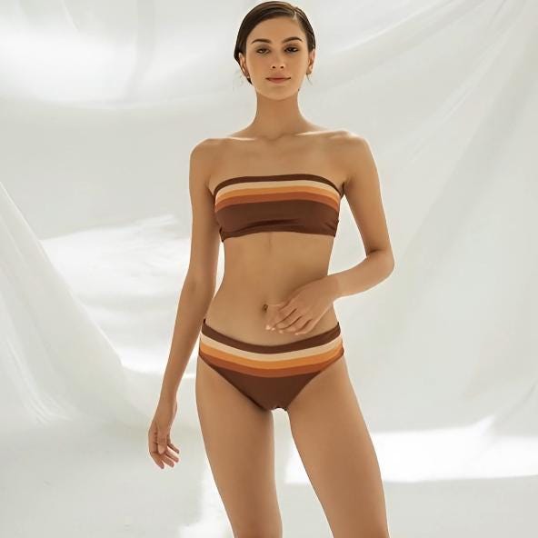 Bandeau Two-Piece Set, Strapless Bikini Swimsuit, Sexy Festival Tube-Top, Brown 1970s Y2K Mod Gradient