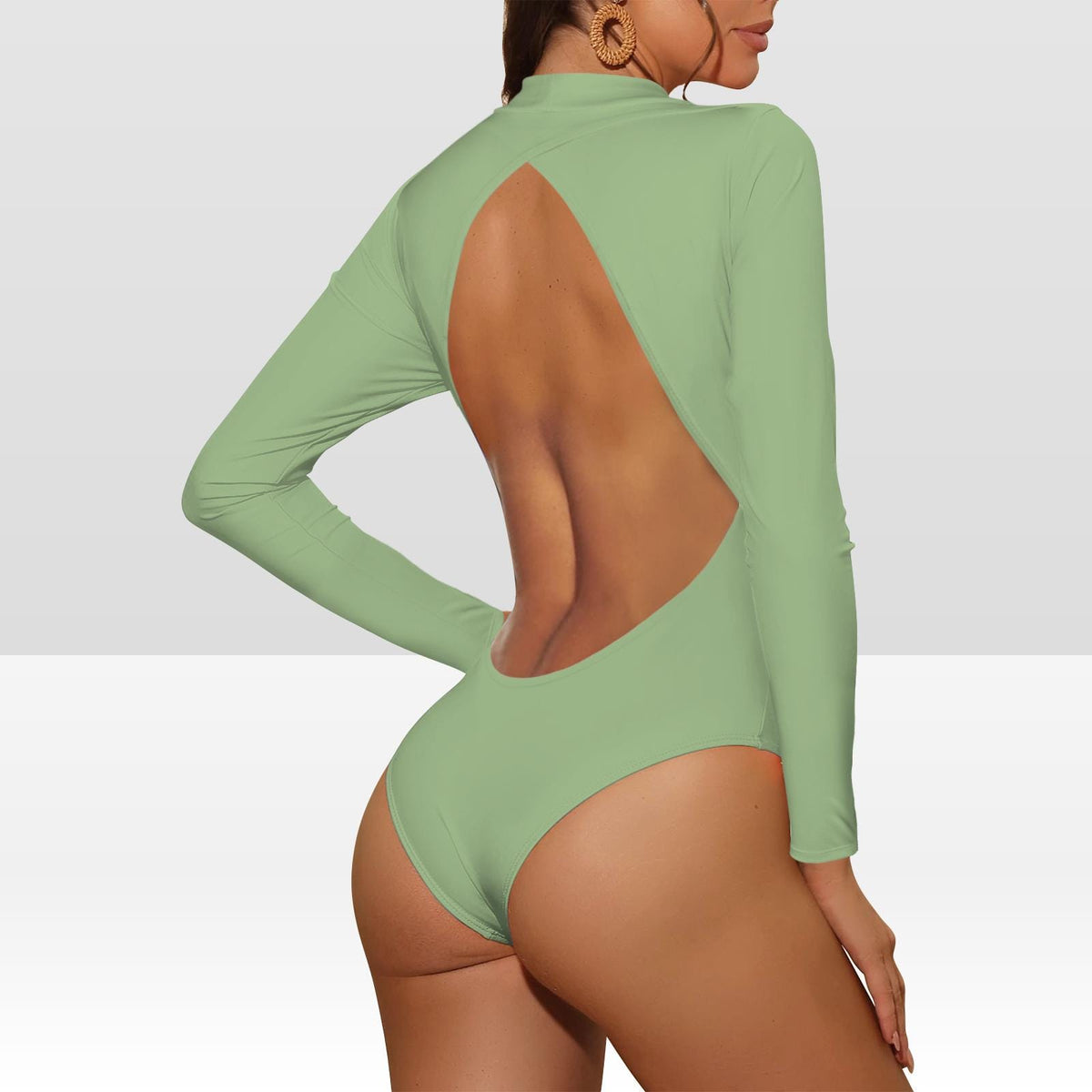 Sage Green Long-Sleeve Open-Back Swimsuit, Surf Coquette, Lined Front, Removable Padding
