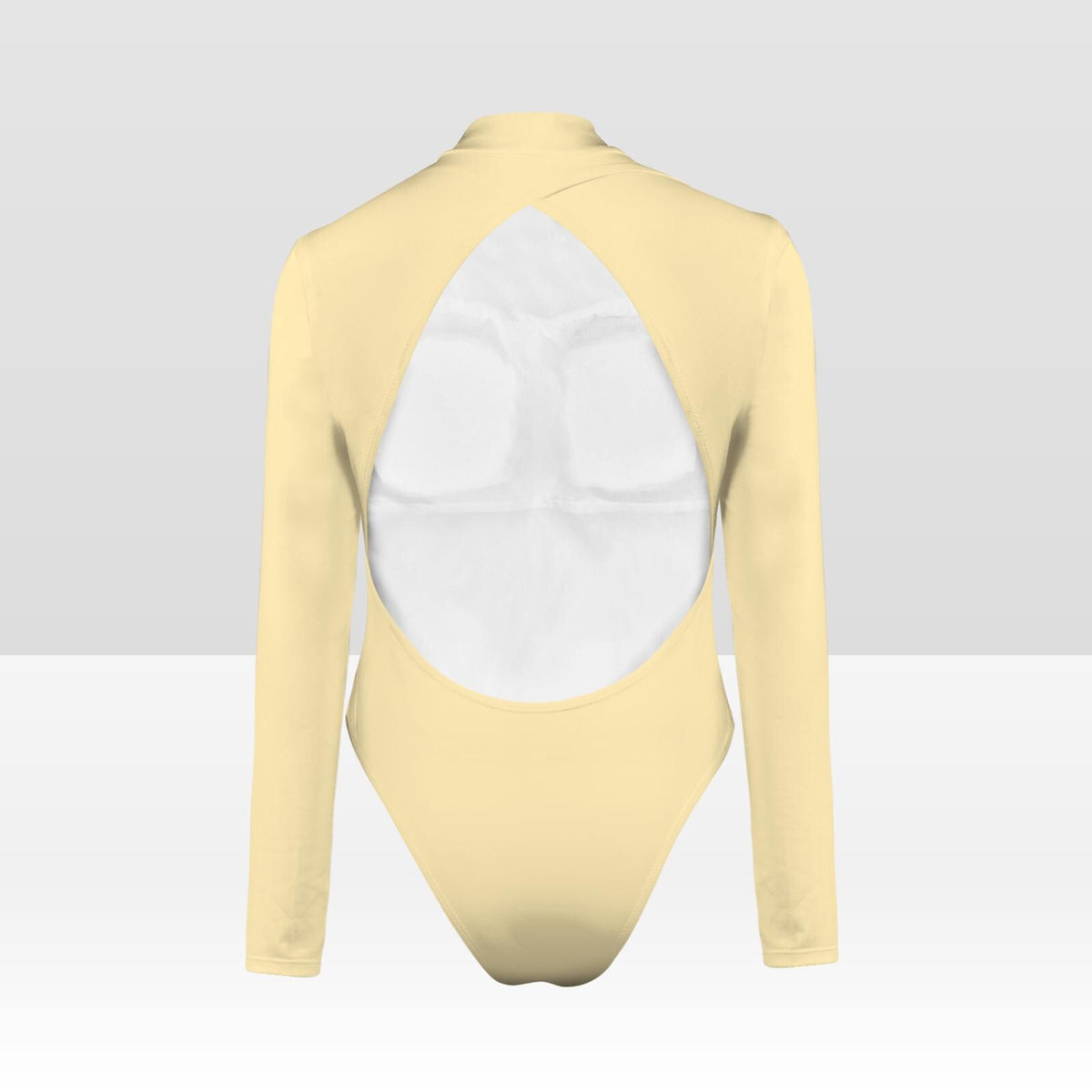 Vanilla Cream Nude Light-Beige Long-Sleeve Open-Back Swimsuit, Front Lined, Removable Padding