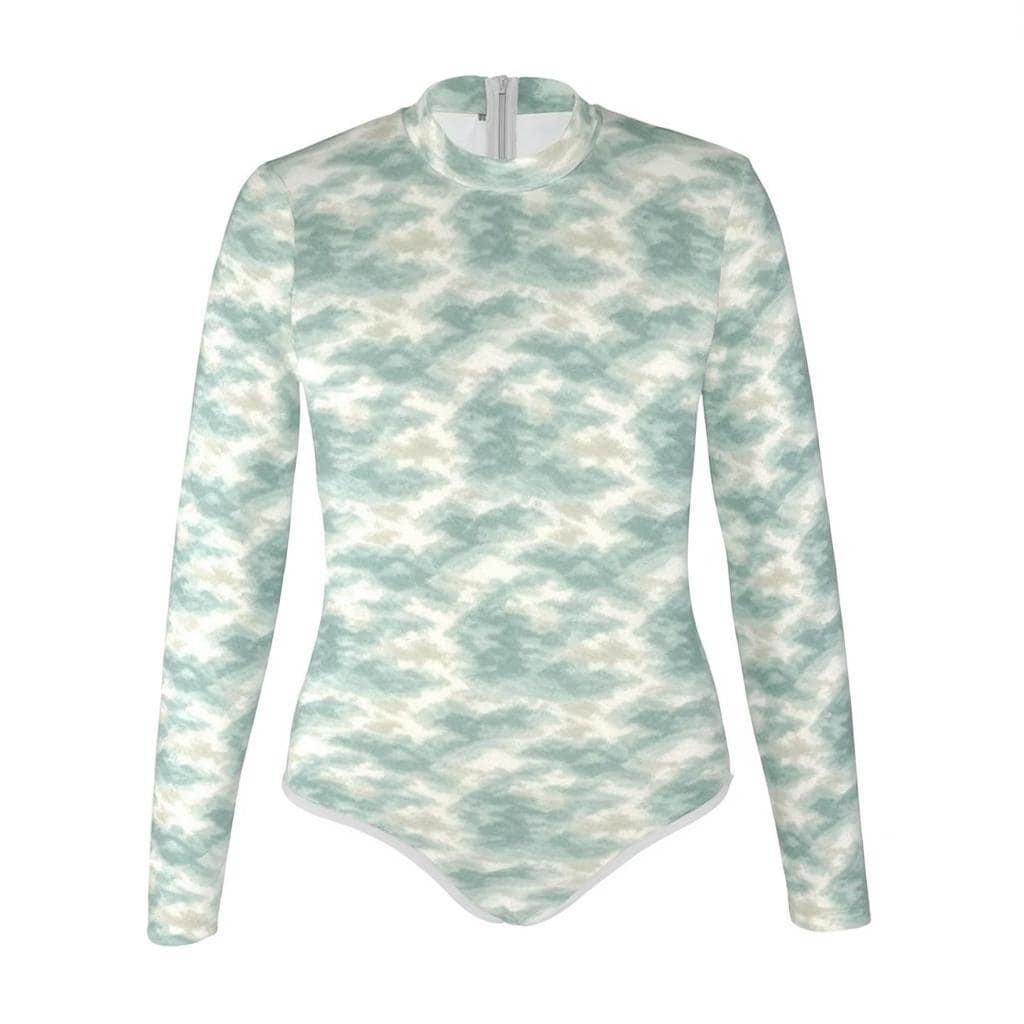 Lightweight & Sheer Long-Sleeve One-Piece Swimsuit with Back-Zipper - Ocean Water Camouflage - Surfers, Marine Biologists