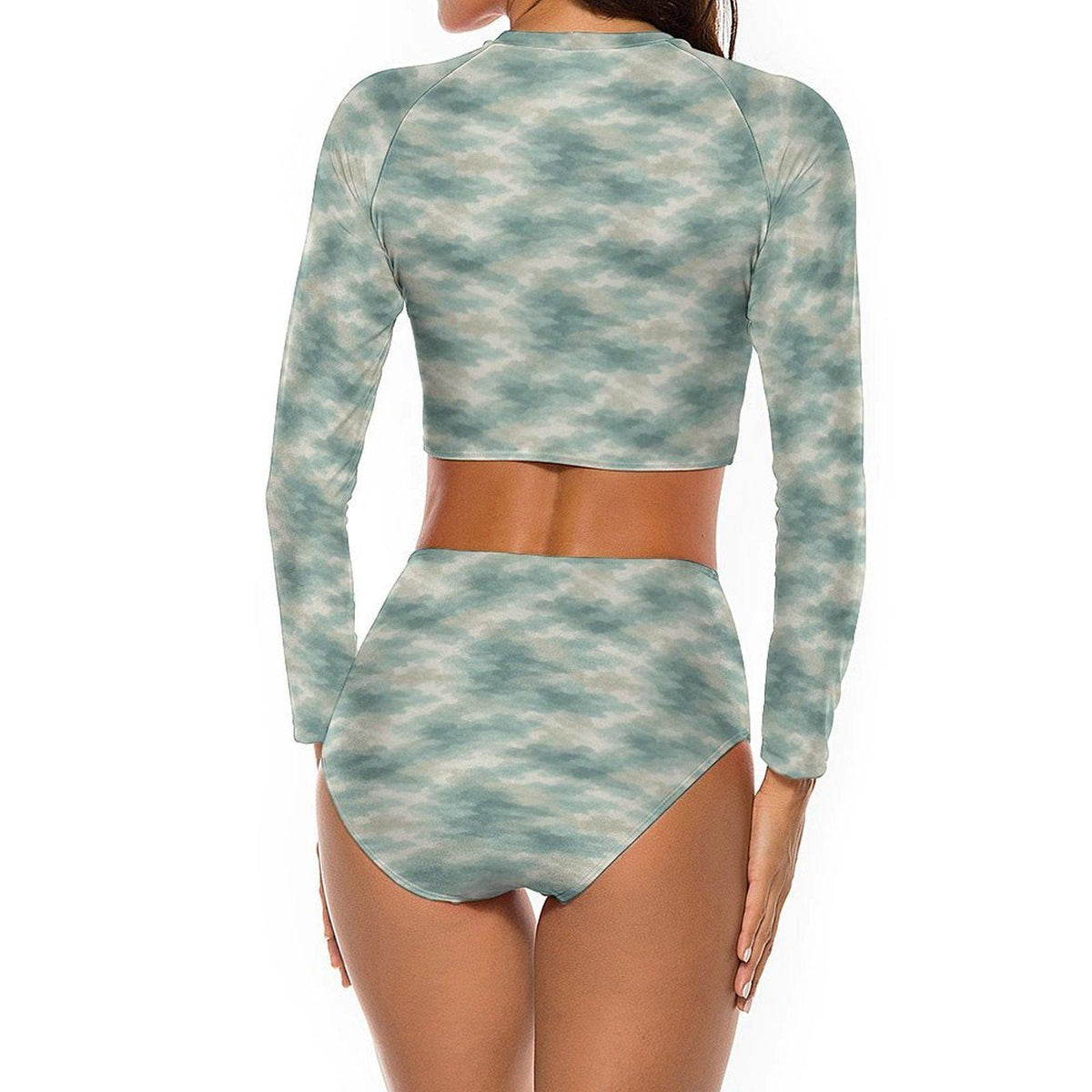 Retro Surf Long-Sleeve Bikini - Cropped Rash-Guard, High-Waist Bottoms - Sporty Two-Piece Swimsuit, Ocean Water Camouflage