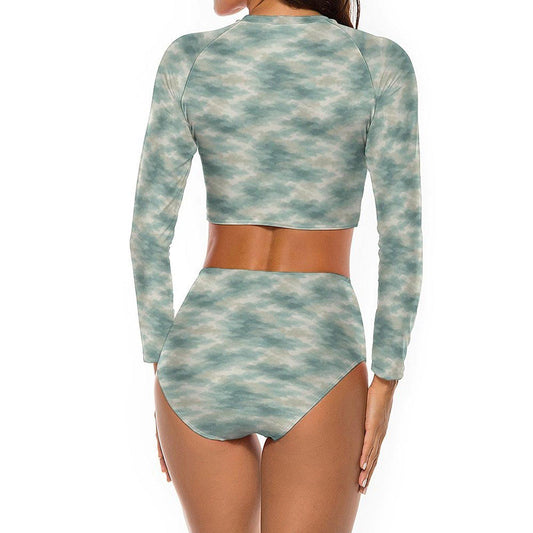 Retro Surf Long-Sleeve Bikini - Cropped Rash-Guard, High-Waist Bottoms - Sporty Two-Piece Swimsuit, Ocean Water Camouflage