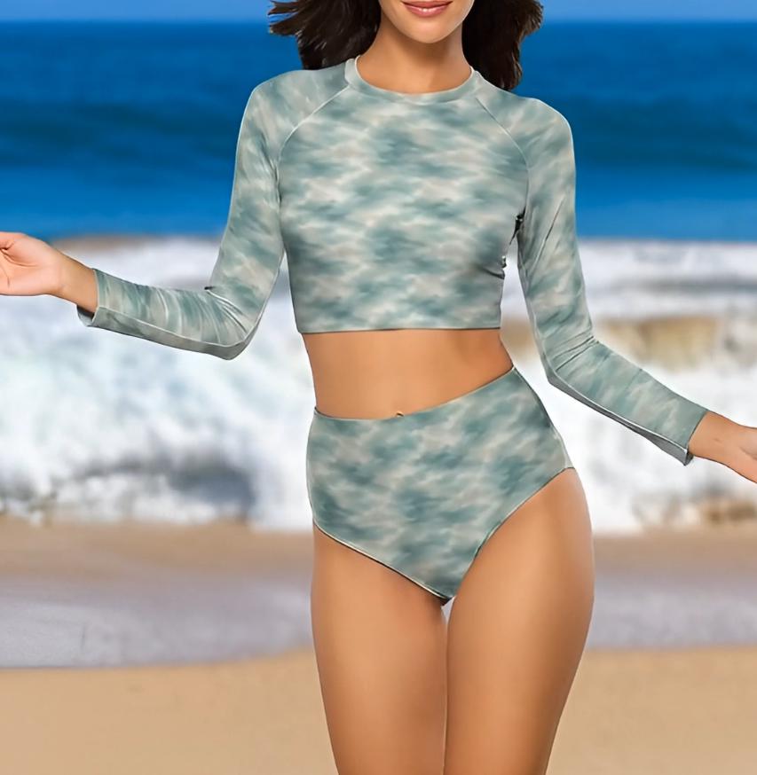 Retro Surf Long-Sleeve Bikini - Cropped Rash-Guard, High-Waist Bottoms - Sporty Two-Piece Swimsuit, Ocean Water Camouflage
