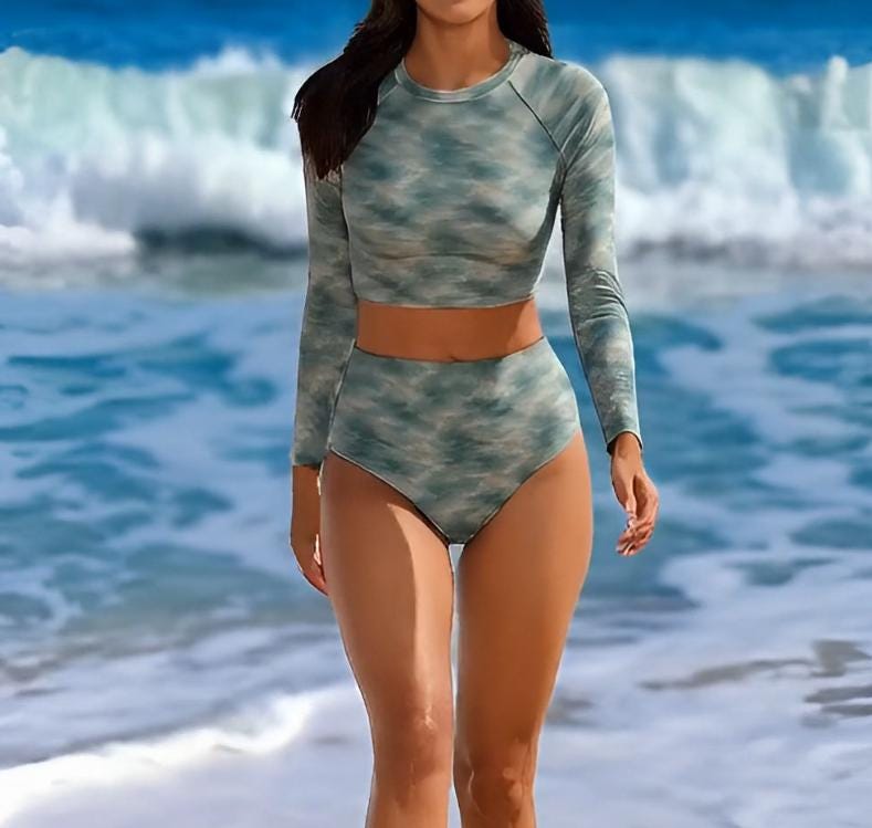 Retro Surf Long-Sleeve Bikini - Cropped Rash-Guard, High-Waist Bottoms - Sporty Two-Piece Swimsuit, Ocean Water Camouflage