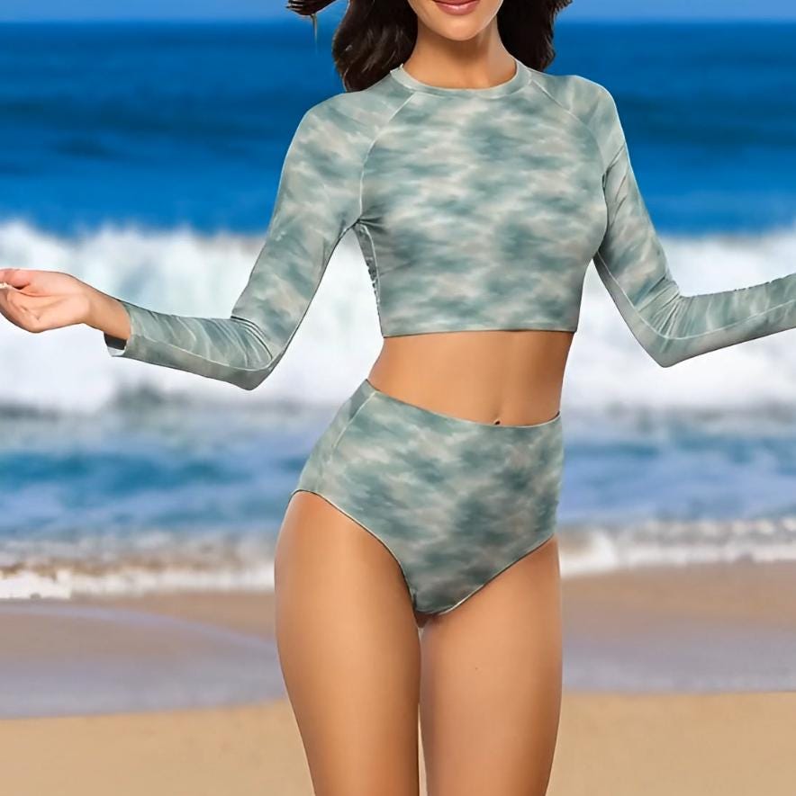 Retro Surf Long-Sleeve Bikini - Cropped Rash-Guard, High-Waist Bottoms - Sporty Two-Piece Swimsuit, Ocean Water Camouflage