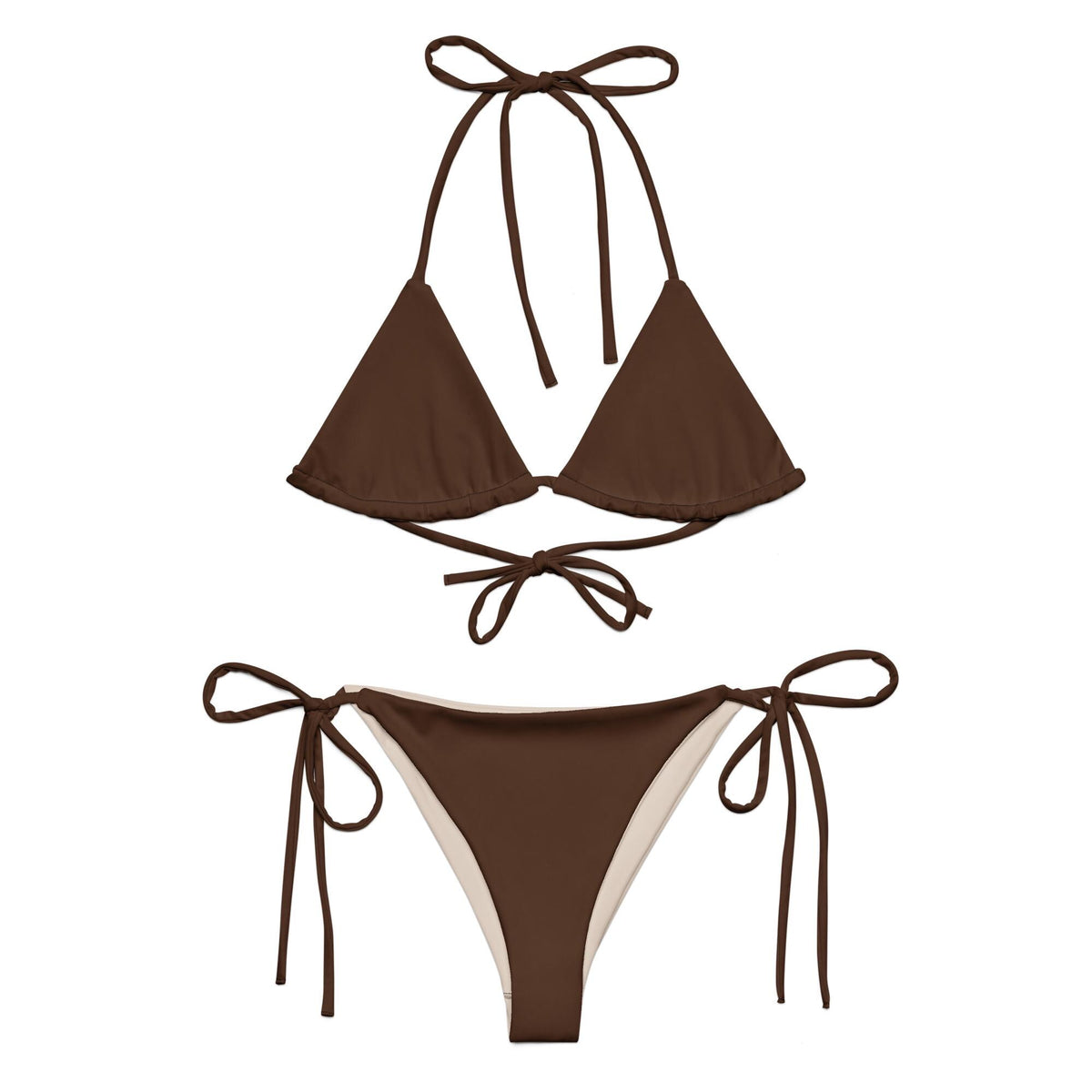 Classic Retro & Stylish Brown Triangle Swimsuit, Eco-Friendly Recycled Strappy Bikini Set, Lined, Removable Padding