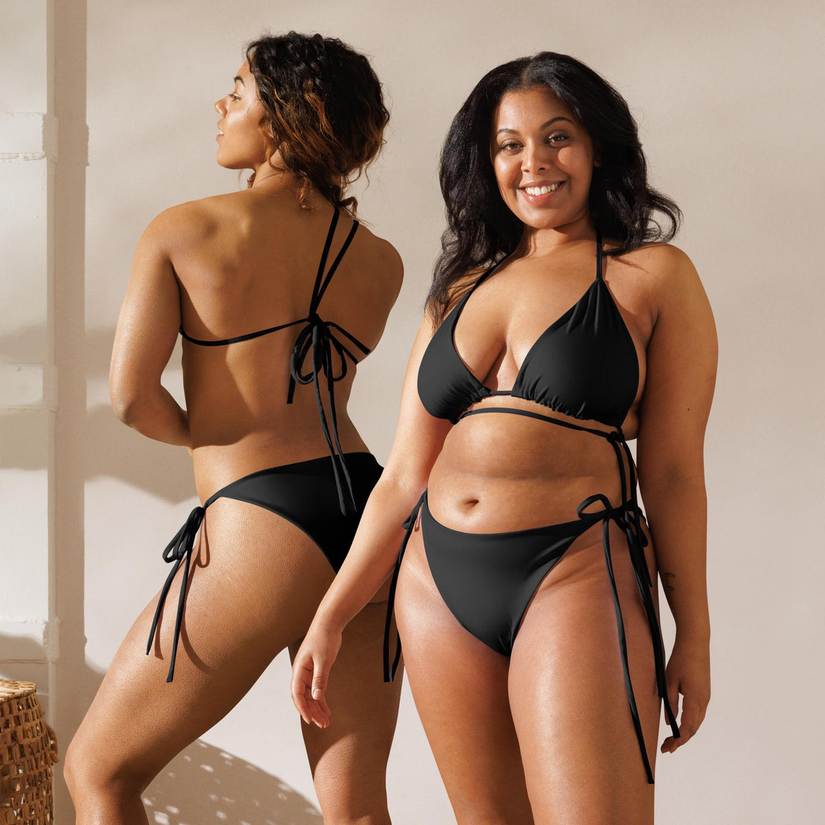 Classic Retro & Stylish Black Triangle Swimsuit, Eco-Friendly Recycled Strappy Bikini Set, Lined, Removable Padding