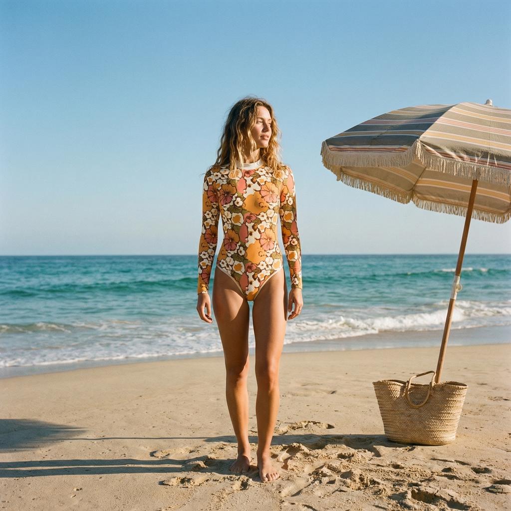 Boho 1960s Floral Psychedelic Retro Long-Sleeve One-Piece Swimsuit - Back Zipper - Soft Chest Pads