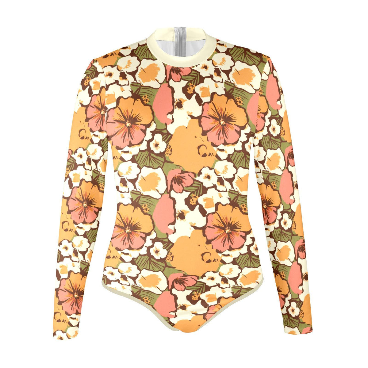 Boho 1960s Floral Psychedelic Retro Long-Sleeve One-Piece Swimsuit - Back Zipper - Soft Chest Pads