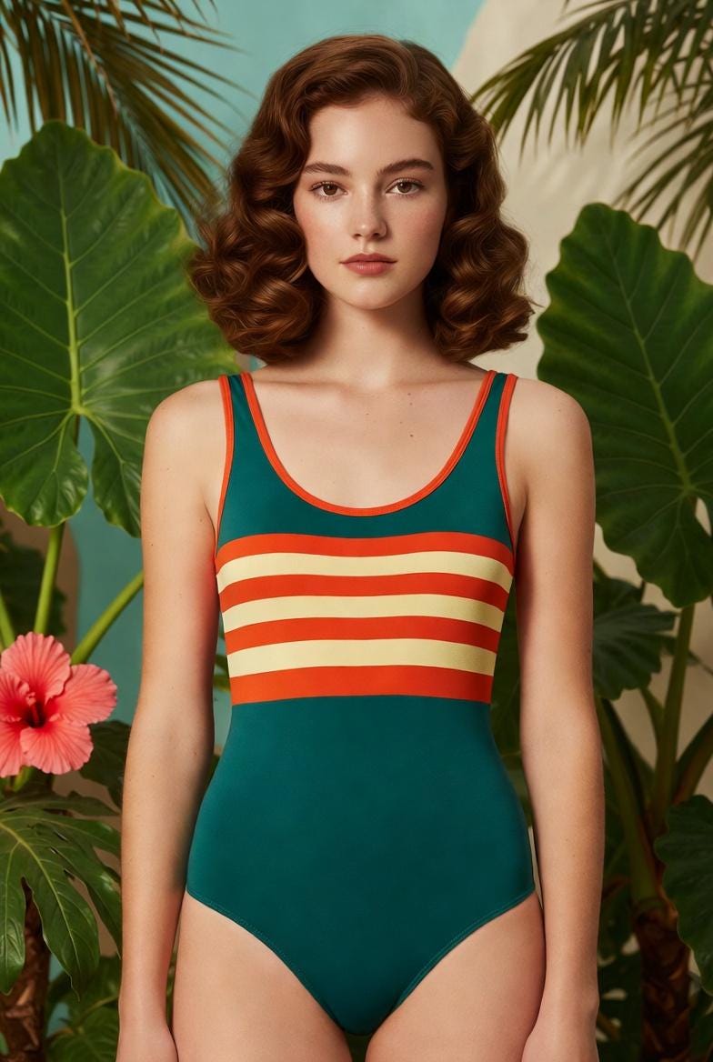 Retro 1970s One-Piece Swimsuit – Sporty Contrast Trim Bathing Suit – Many Styles