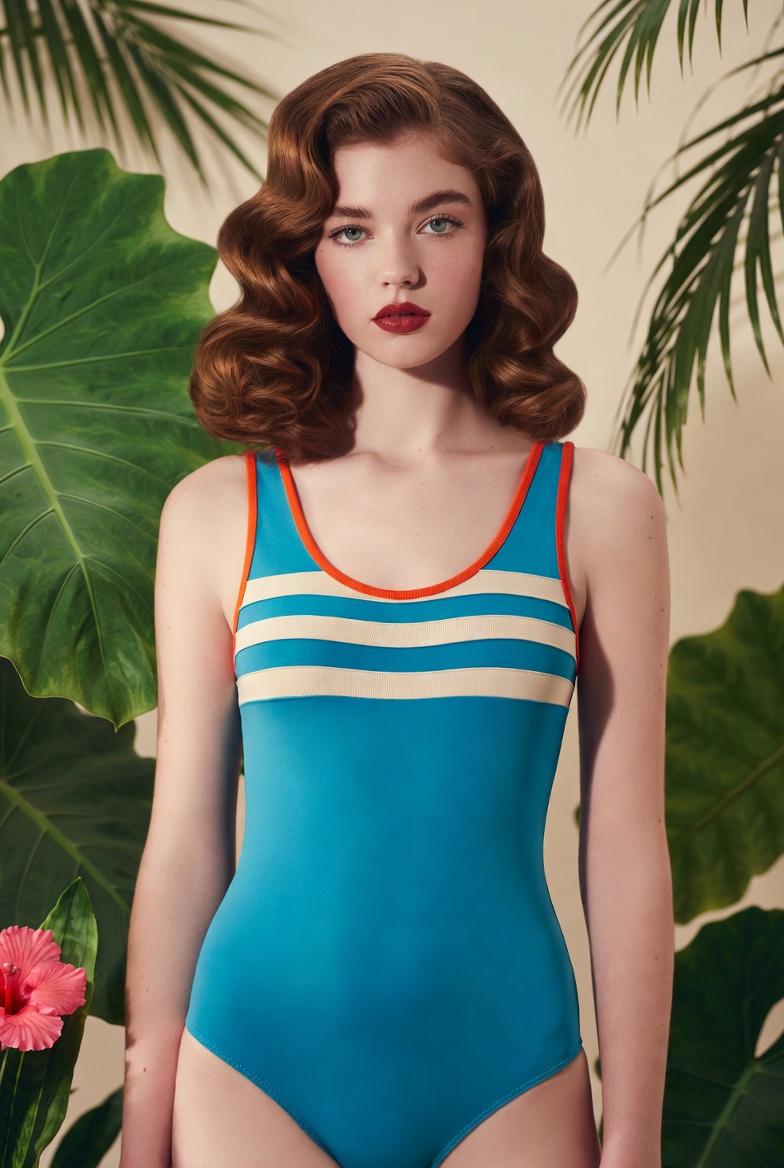 Retro 1970s One-Piece Swimsuit – Sporty Contrast Trim Bathing Suit – Many Styles