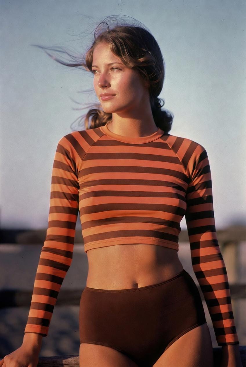 70s Retro Surf Sporty Long-Sleeve Rash-Guard Bikini | High-Waist Two-Piece Swimsuit | Brown Stripy