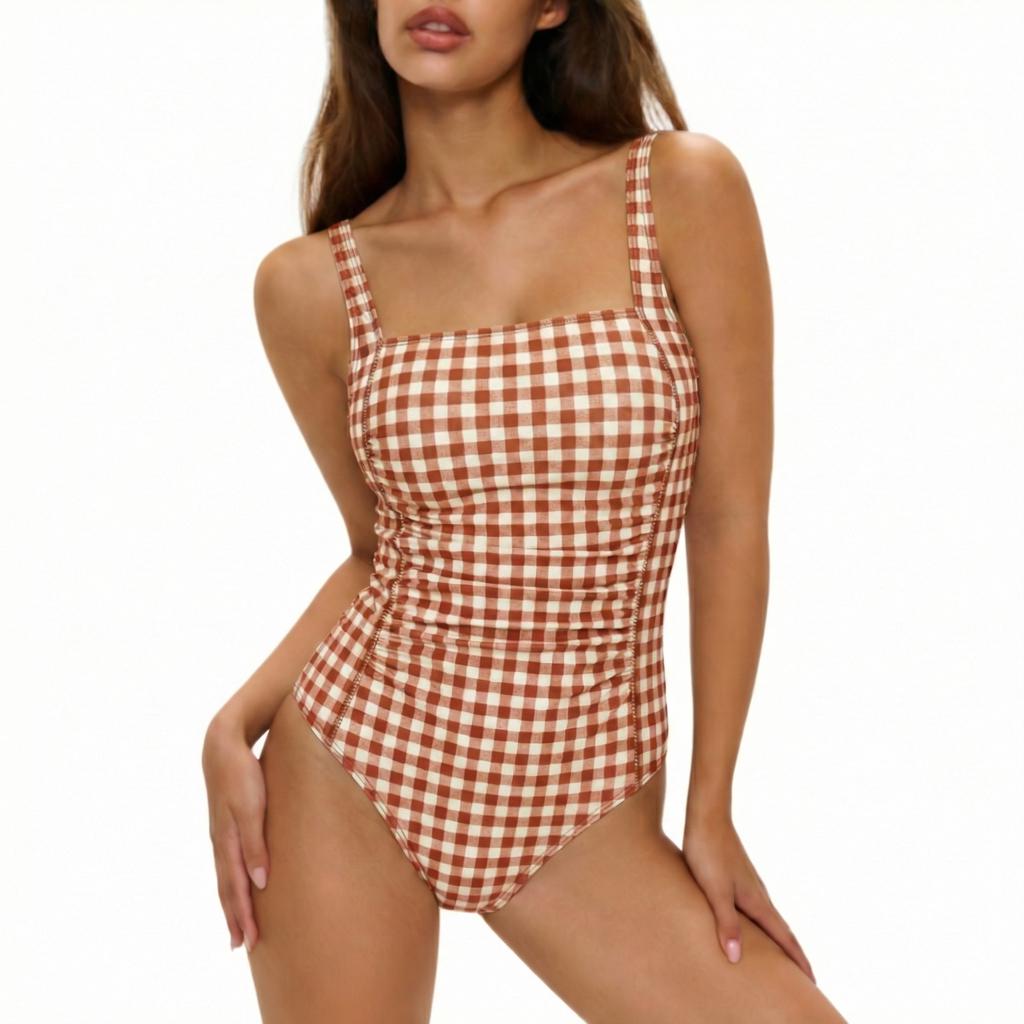 Coquette Vintage Pin-Up Gingham Checker One-Piece Swimsuit, Red & Other Colours