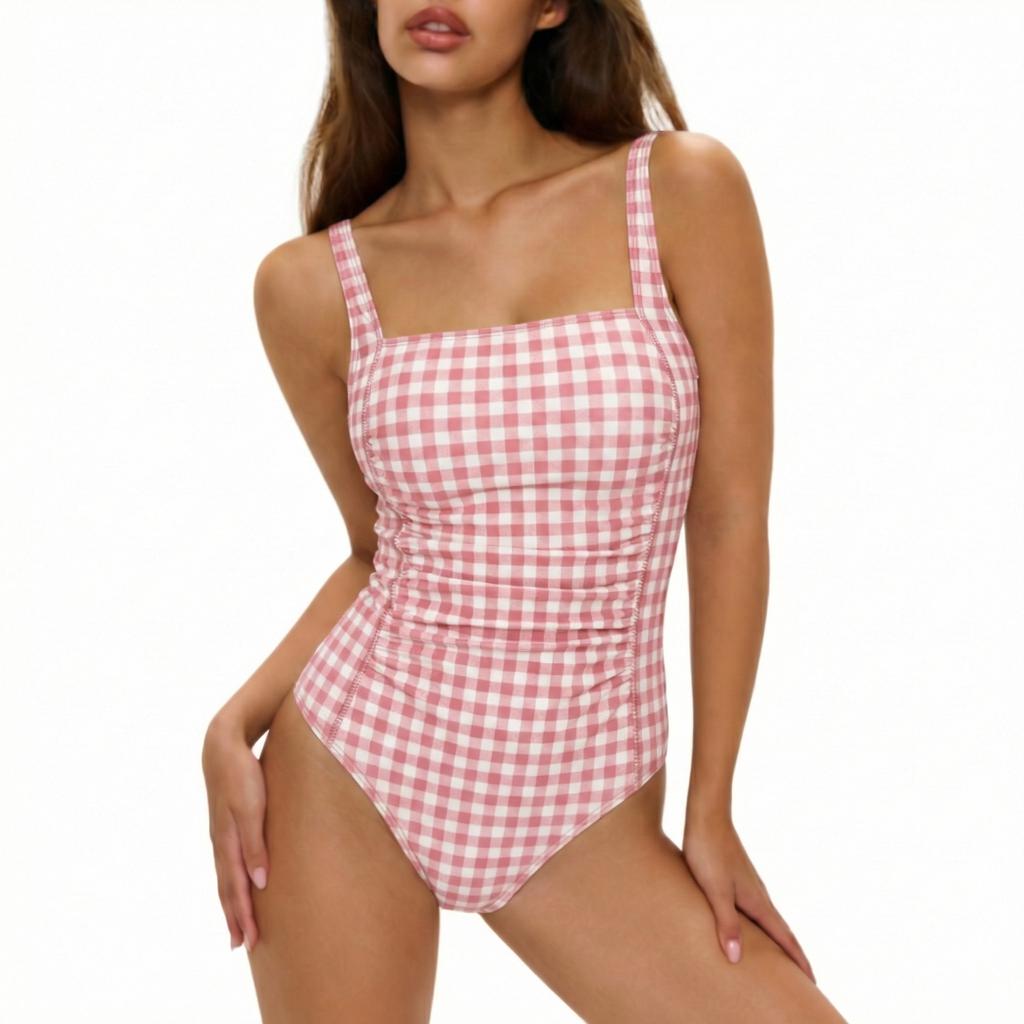 Coquette Vintage Pin-Up Gingham Checker One-Piece Swimsuit, Red & Other Colours