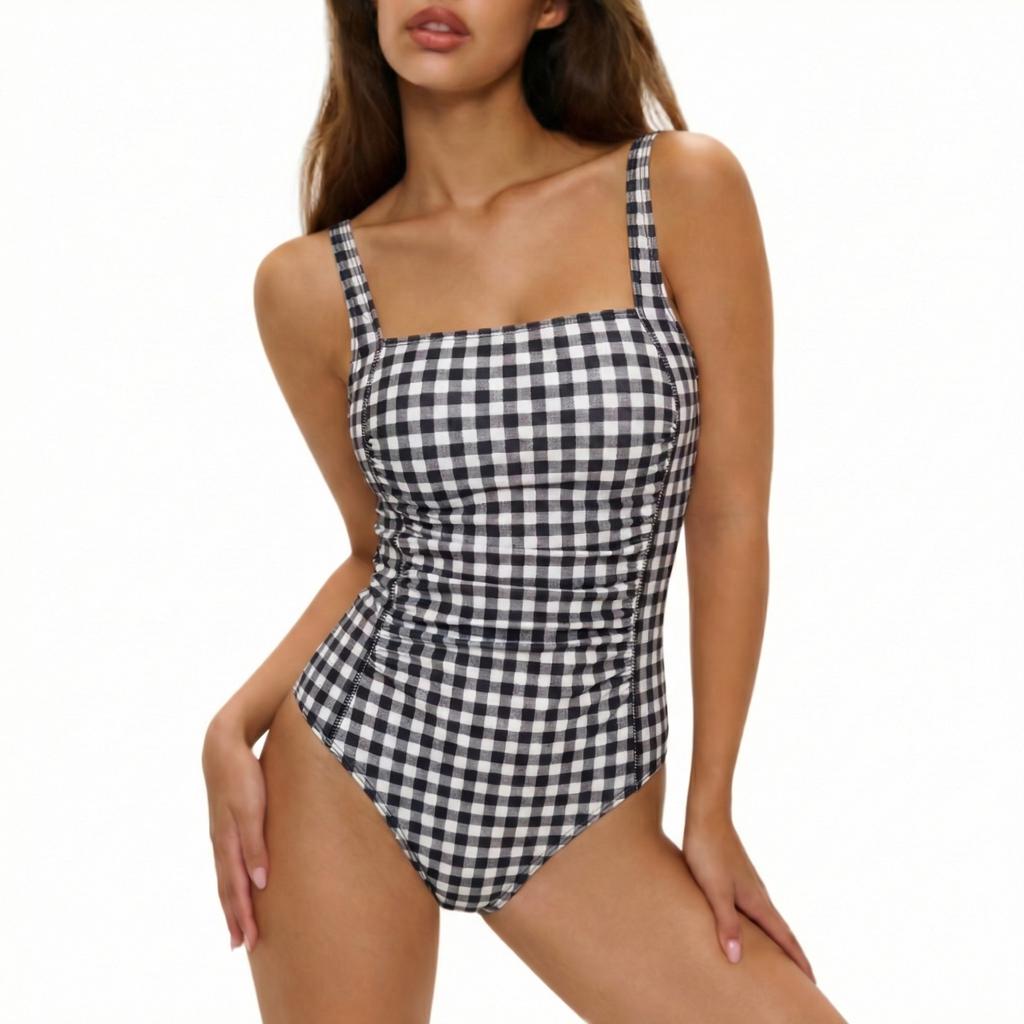Coquette Vintage Pin-Up Gingham Checker One-Piece Swimsuit, Red & Other Colours