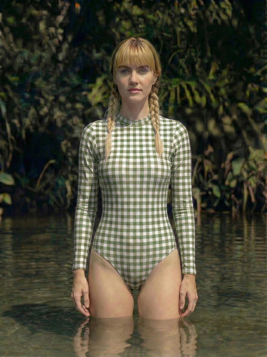 Retro Look Long-Sleeve One-Piece Swimsuit - Back-Zipper - Lightweight - Checkered Gingham - Various Colours