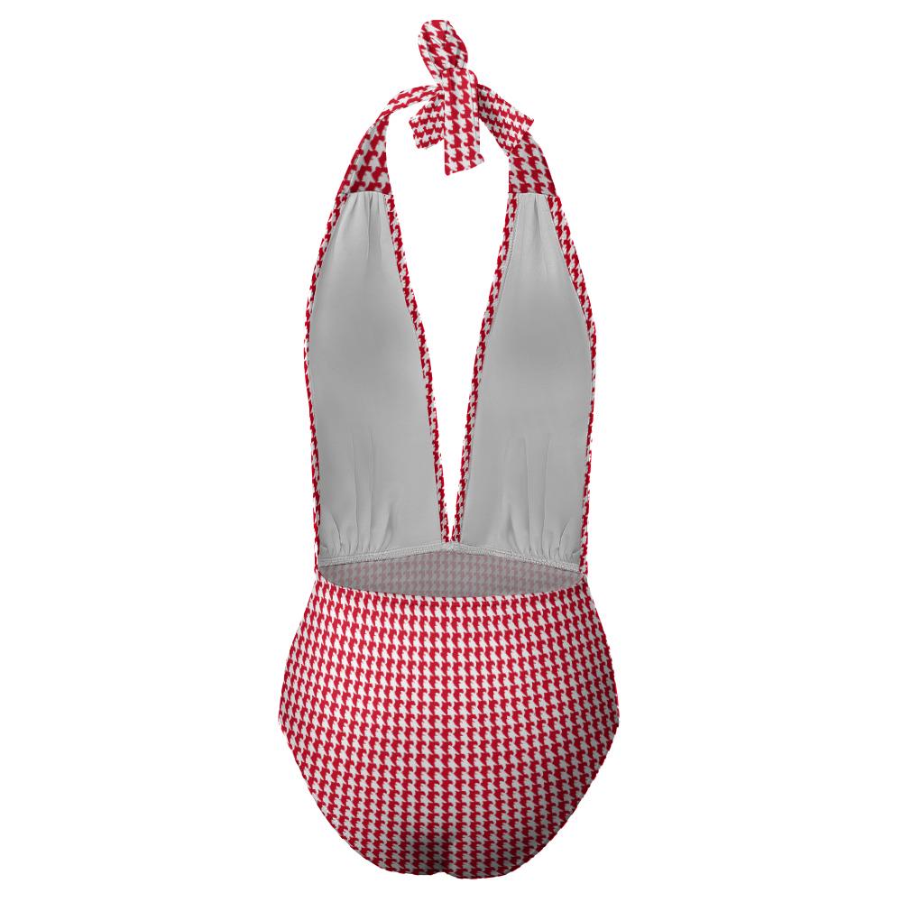 Retro Halter One Piece Swimsuit – Vintage-Style, High-Waisted – Red Houndstooth