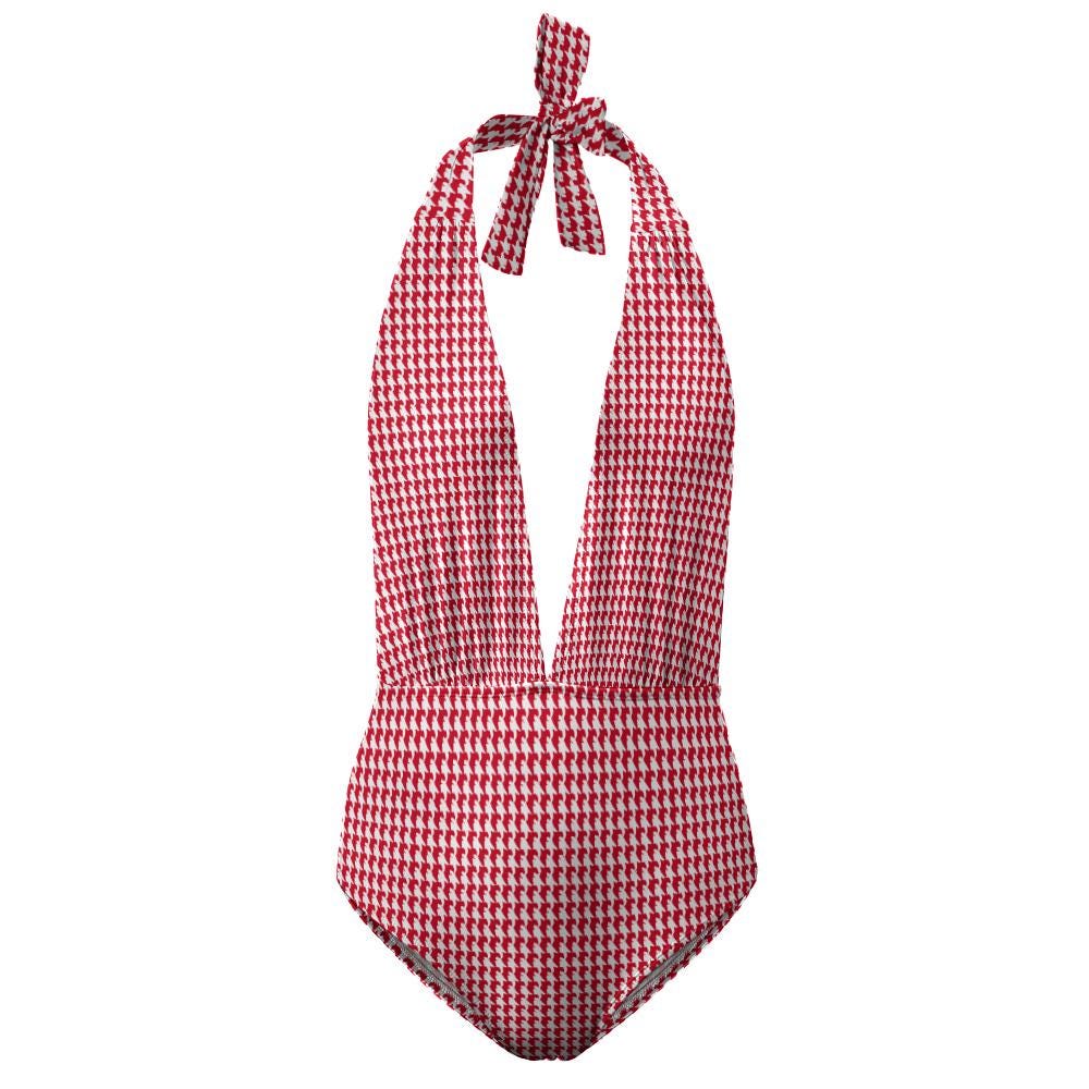 Retro Halter One Piece Swimsuit – Vintage-Style, High-Waisted – Red Houndstooth
