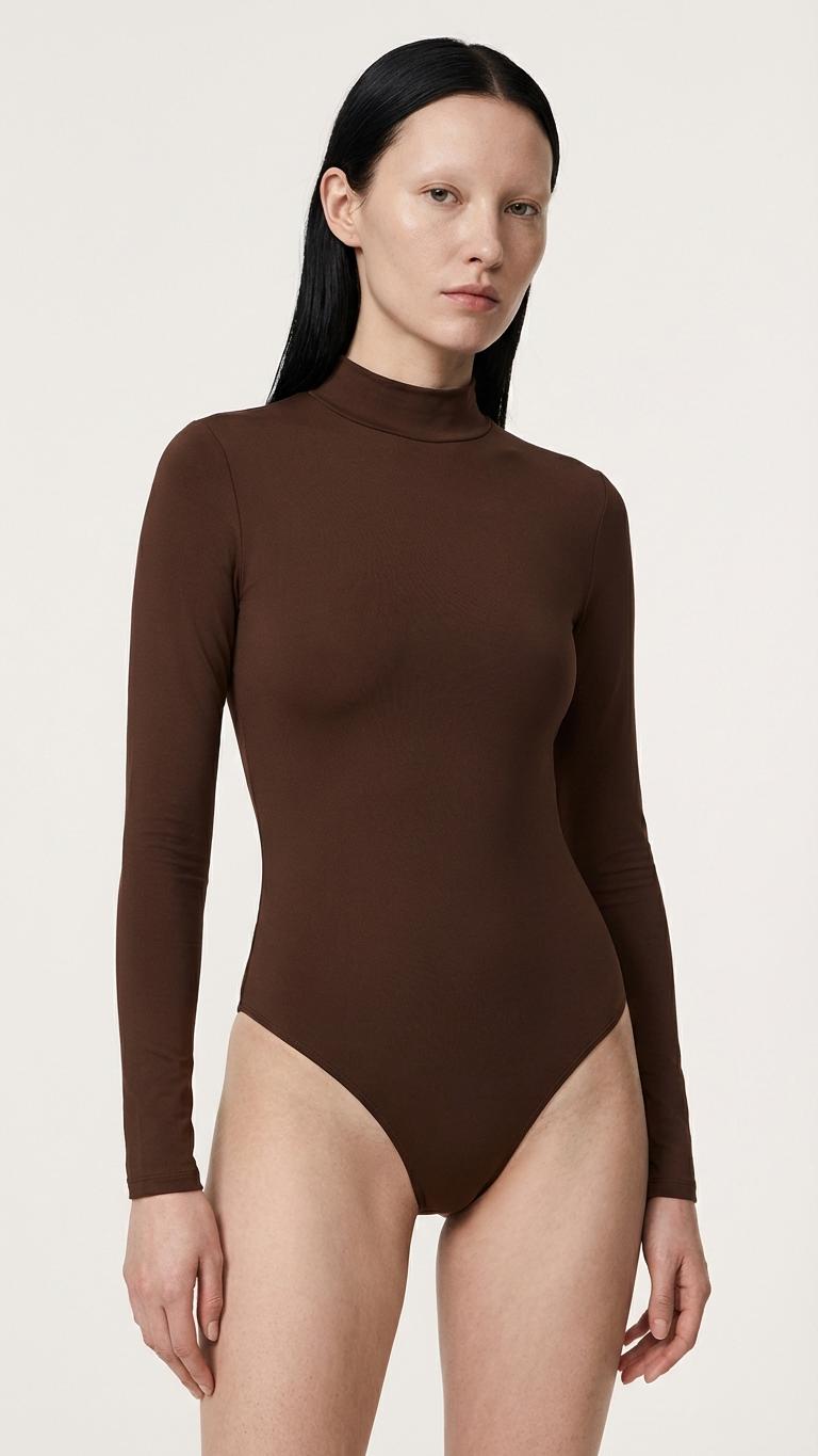 Long-Sleeve One-Piece Swimsuit in Chic Chocolate Brown, Back Zipper, Lightweight, Soft Chest Pads