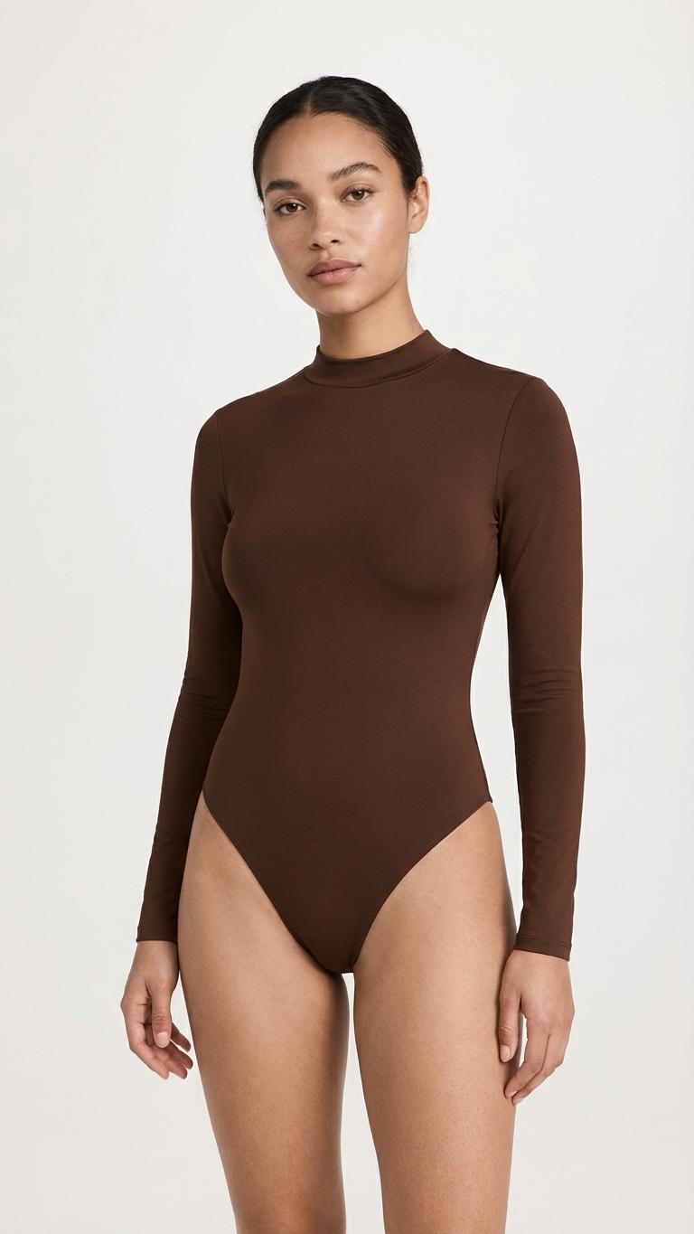 Long-Sleeve One-Piece Swimsuit in Chic Chocolate Brown, Back Zipper, Lightweight, Soft Chest Pads