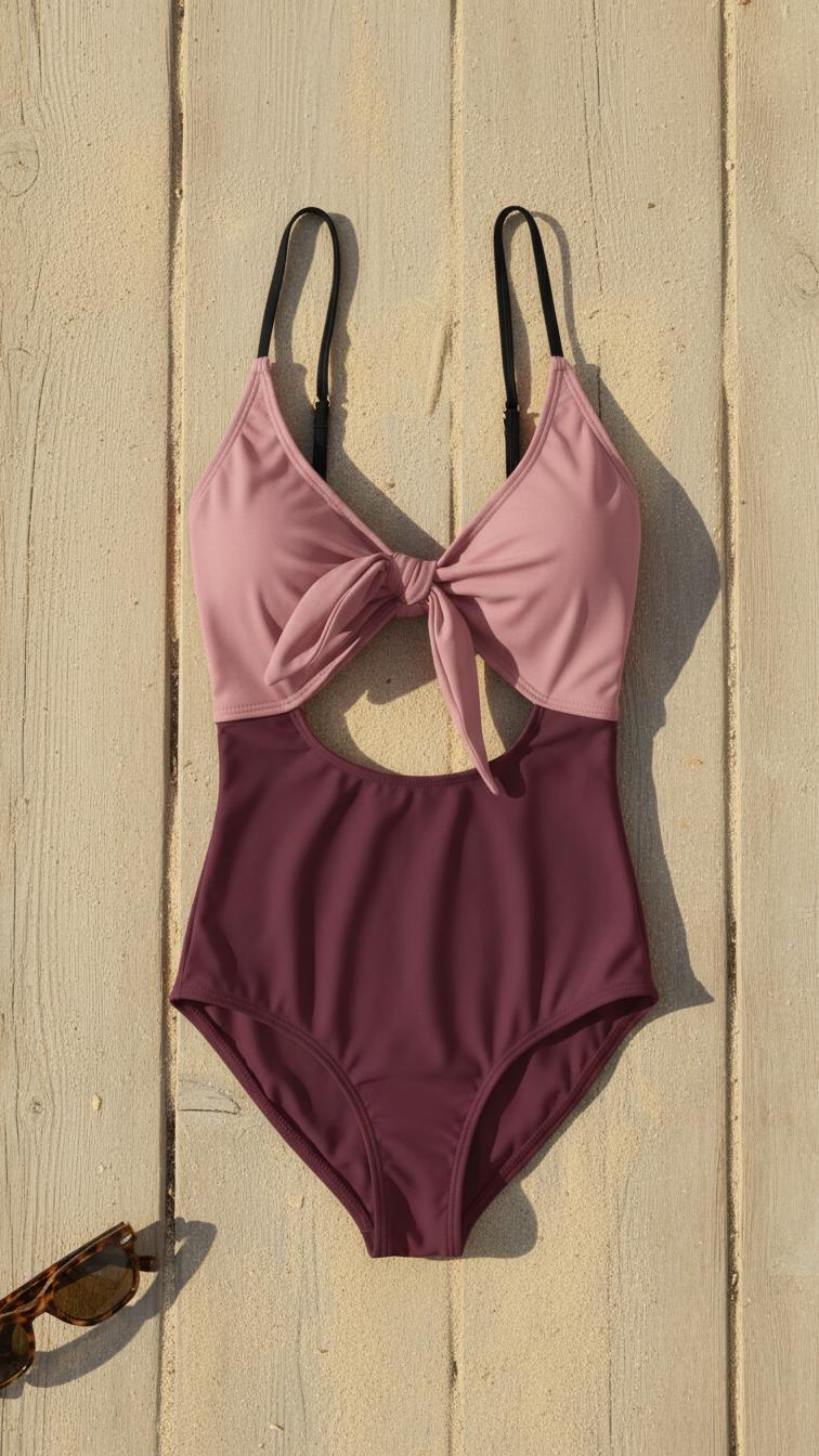 2-Tone Tie Front Cut-Out One-Piece Swimsuit – Retro Sexy Plunge Monokini – Various Colour Combinations