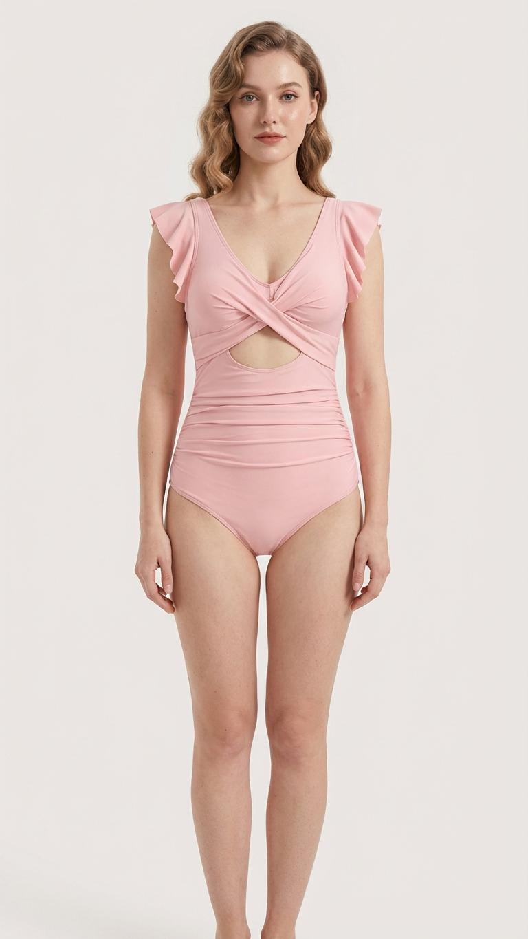 Coquette Romantic Vintage-Inspired Twist-Front V-Neck Ruffle One-Piece Retro Swimsuit, Padding & Tummy Control, Soft Colours