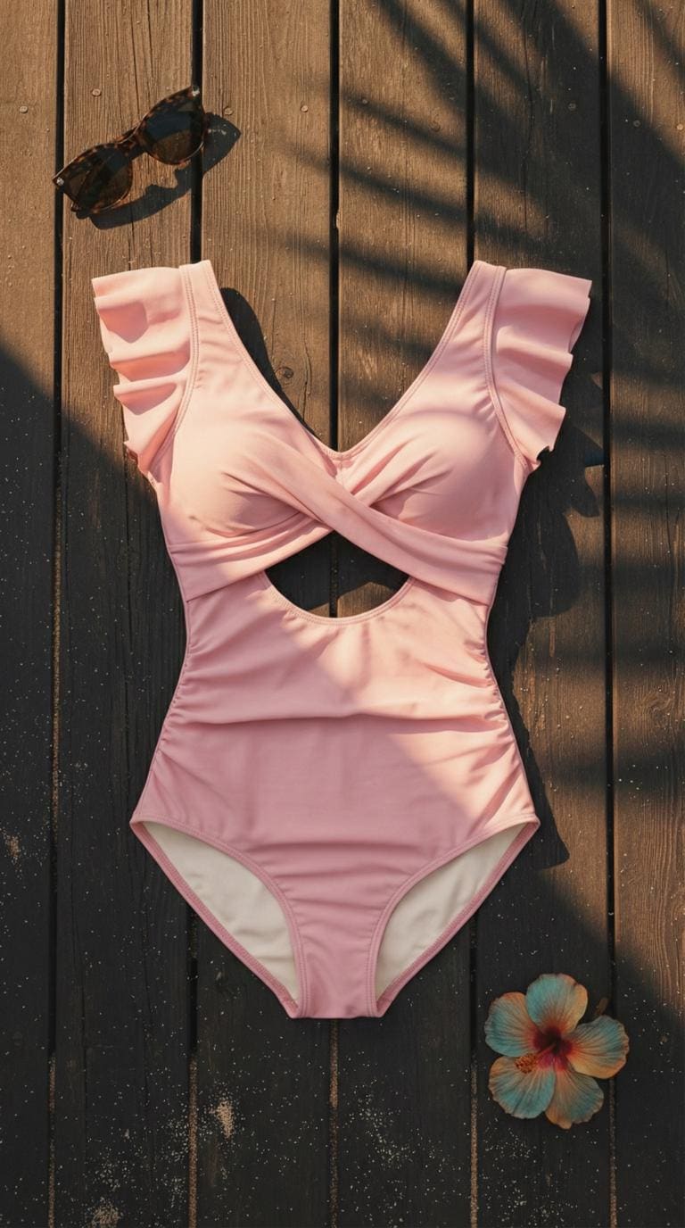 Coquette Romantic Vintage-Inspired Twist-Front V-Neck Ruffle One-Piece Retro Swimsuit, Padding & Tummy Control, Soft Colours