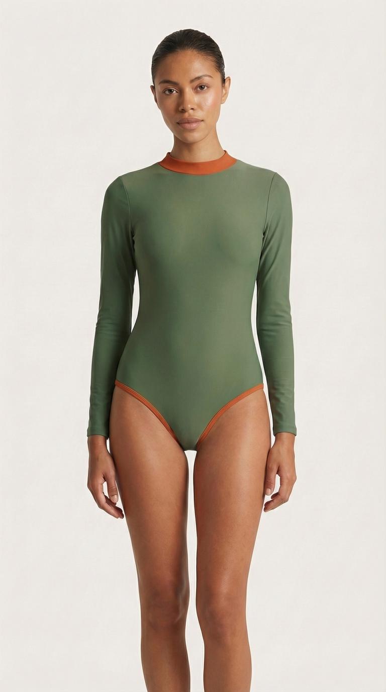 Retro Long-Sleeve One-Piece Swimsuit - Back Zipper - Lightweight - Soft Chest Pads - Blue with Pink Details