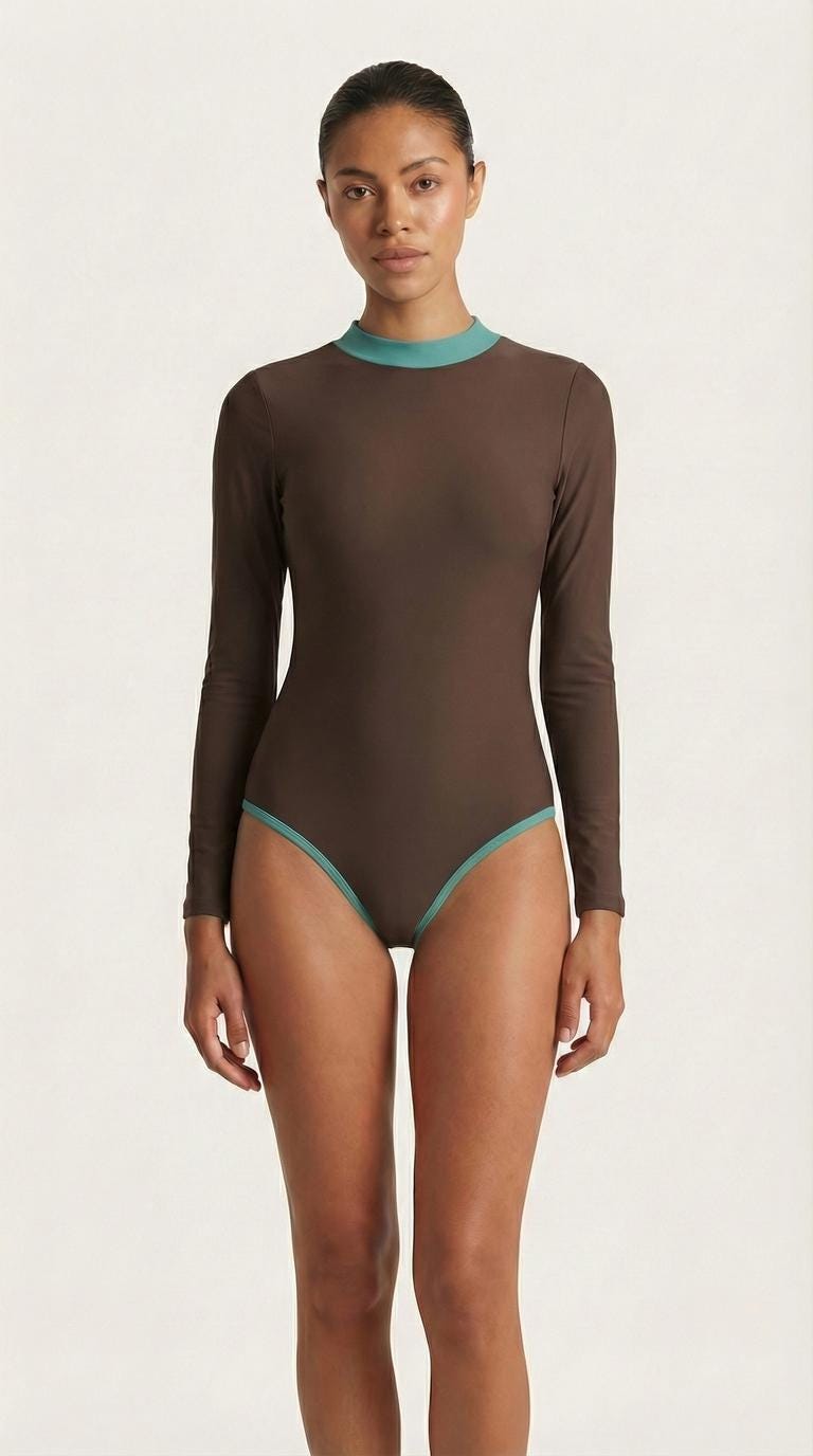 Retro Long-Sleeve One-Piece Swimsuit - Back Zipper - Lightweight - Soft Chest Pads - Blue with Pink Details