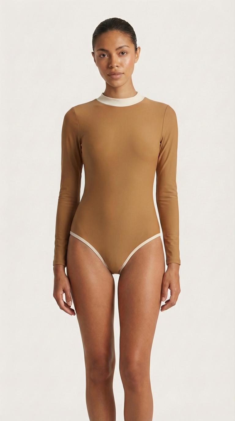 Retro Long-Sleeve One-Piece Swimsuit - Back Zipper - Lightweight - Soft Chest Pads - Blue with Pink Details