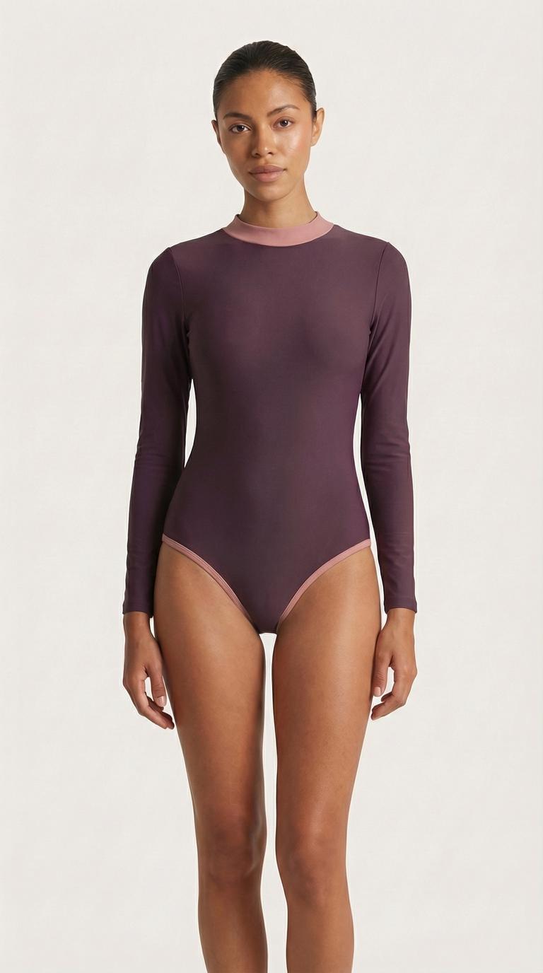 Retro Long-Sleeve One-Piece Swimsuit - Back Zipper - Lightweight - Soft Chest Pads - Blue with Pink Details