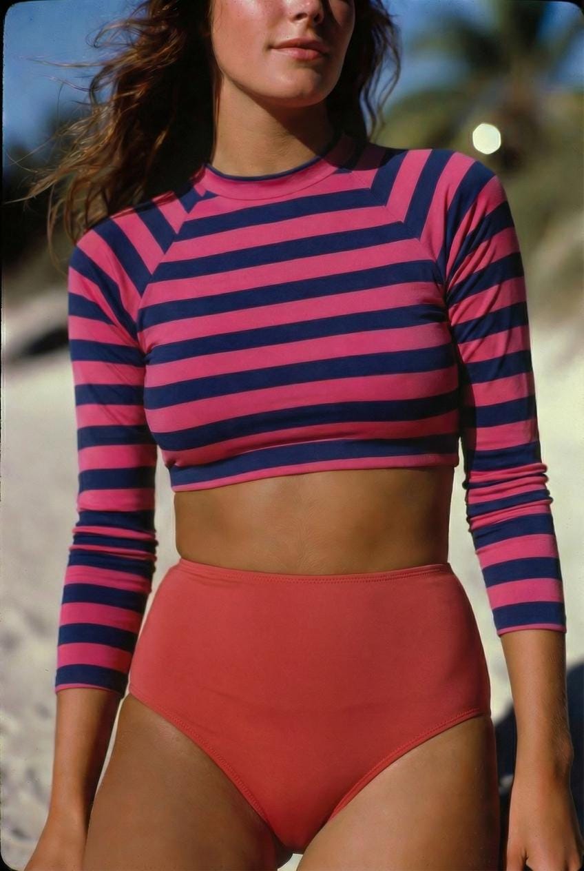 70s Retro Surf Sporty Long-Sleeve Rash-Guard Bikini | High-Waist Two-Piece Swimsuit | Various Colour Combinations