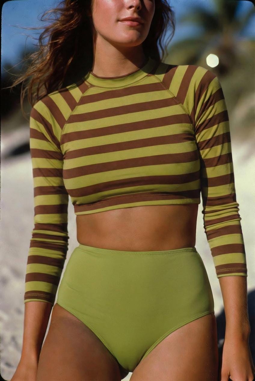 70s Retro Surf Sporty Long-Sleeve Rash-Guard Bikini | High-Waist Two-Piece Swimsuit | Various Colour Combinations