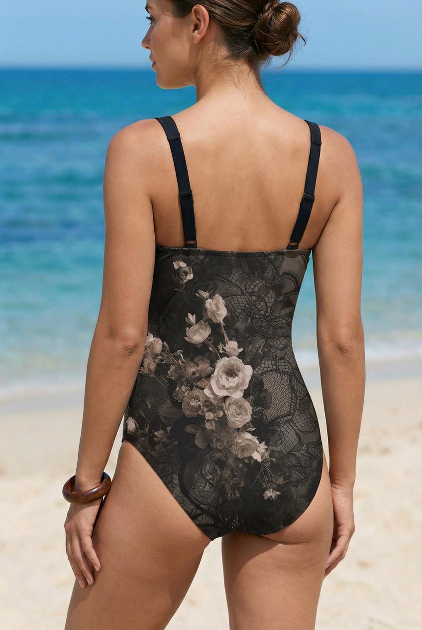 Grunge Goth Ruched Supportive Lined One-Piece Swimsuit
