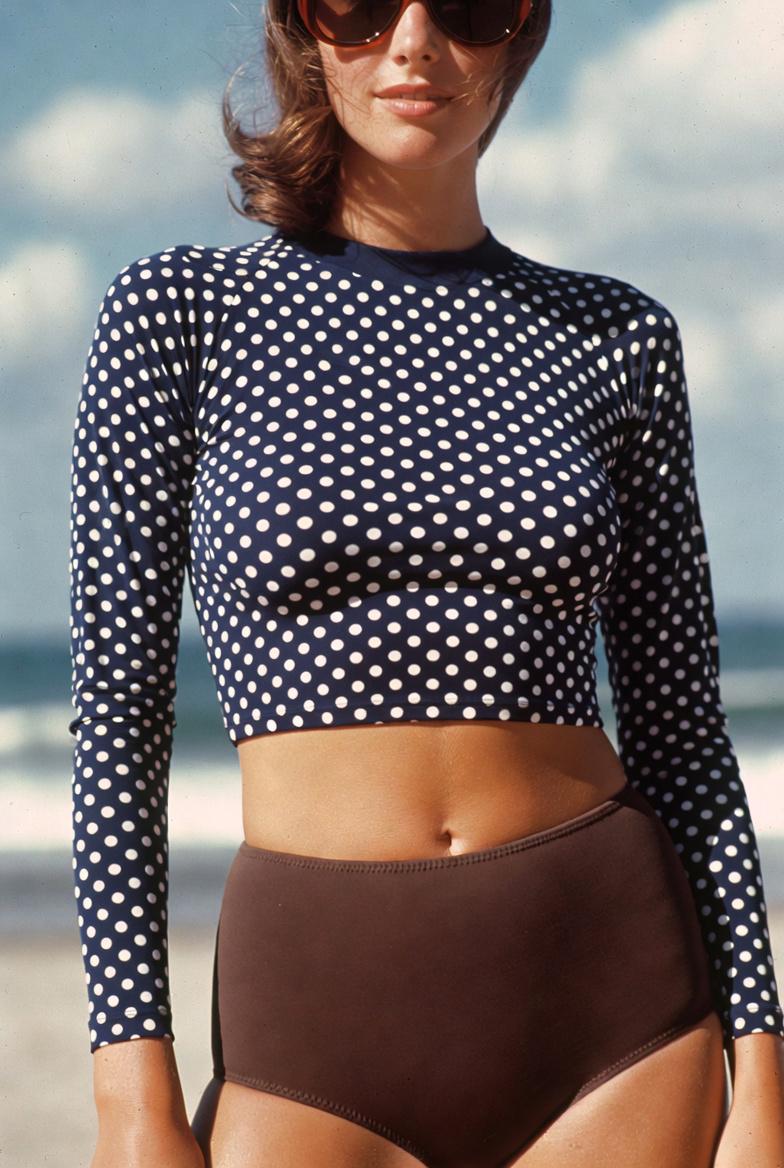 70s Retro Surf Sporty Long-Sleeve Rash-Guard Bikini | Vintage Polka Dot in Navy Blue & Brown