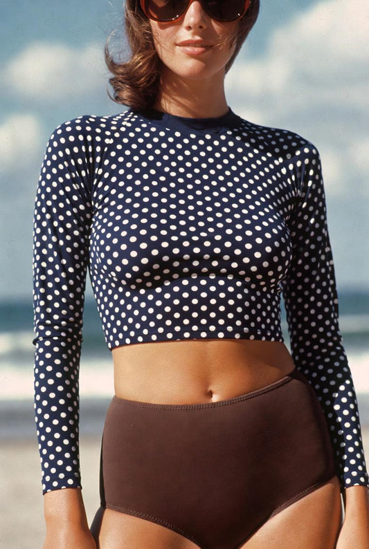 70s Retro Surf Sporty Long-Sleeve Rash-Guard Bikini | Vintage Polka Dot in Navy Blue & Brown