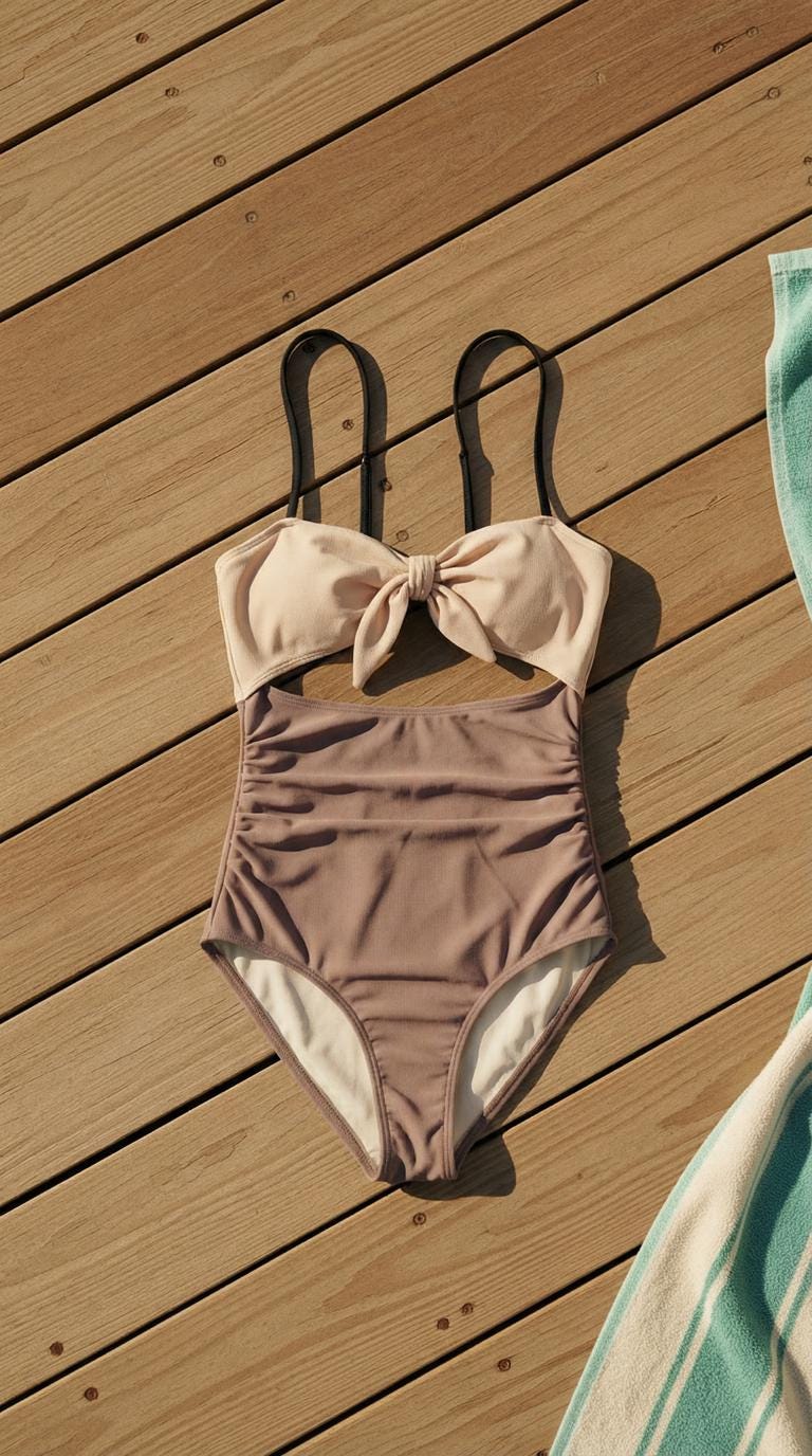Retro Flair Romantic Two-Tone One-Piece Swimsuit, Front-Tie Cut-Out, Mauve and Blush