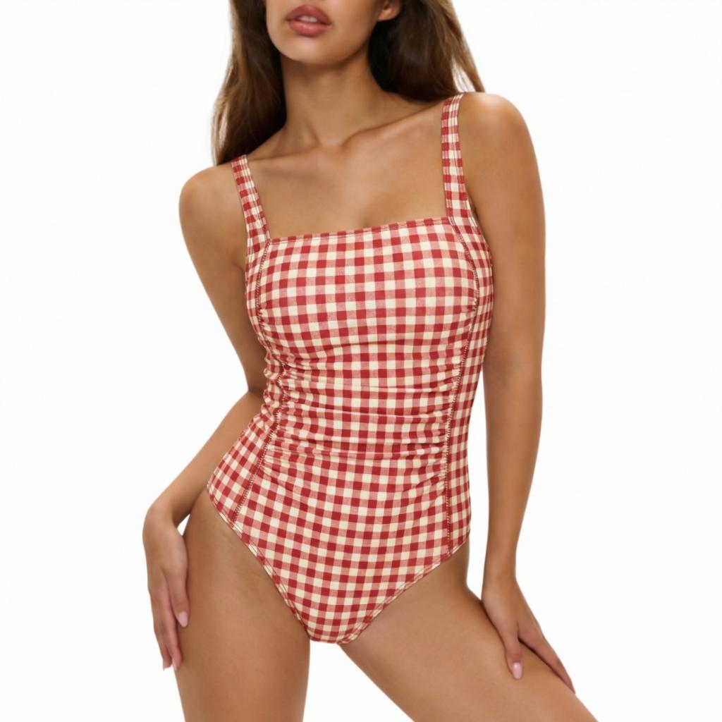 Coquette Vintage Pin-Up Gingham Checker One-Piece Swimsuit, Red & Other Colours