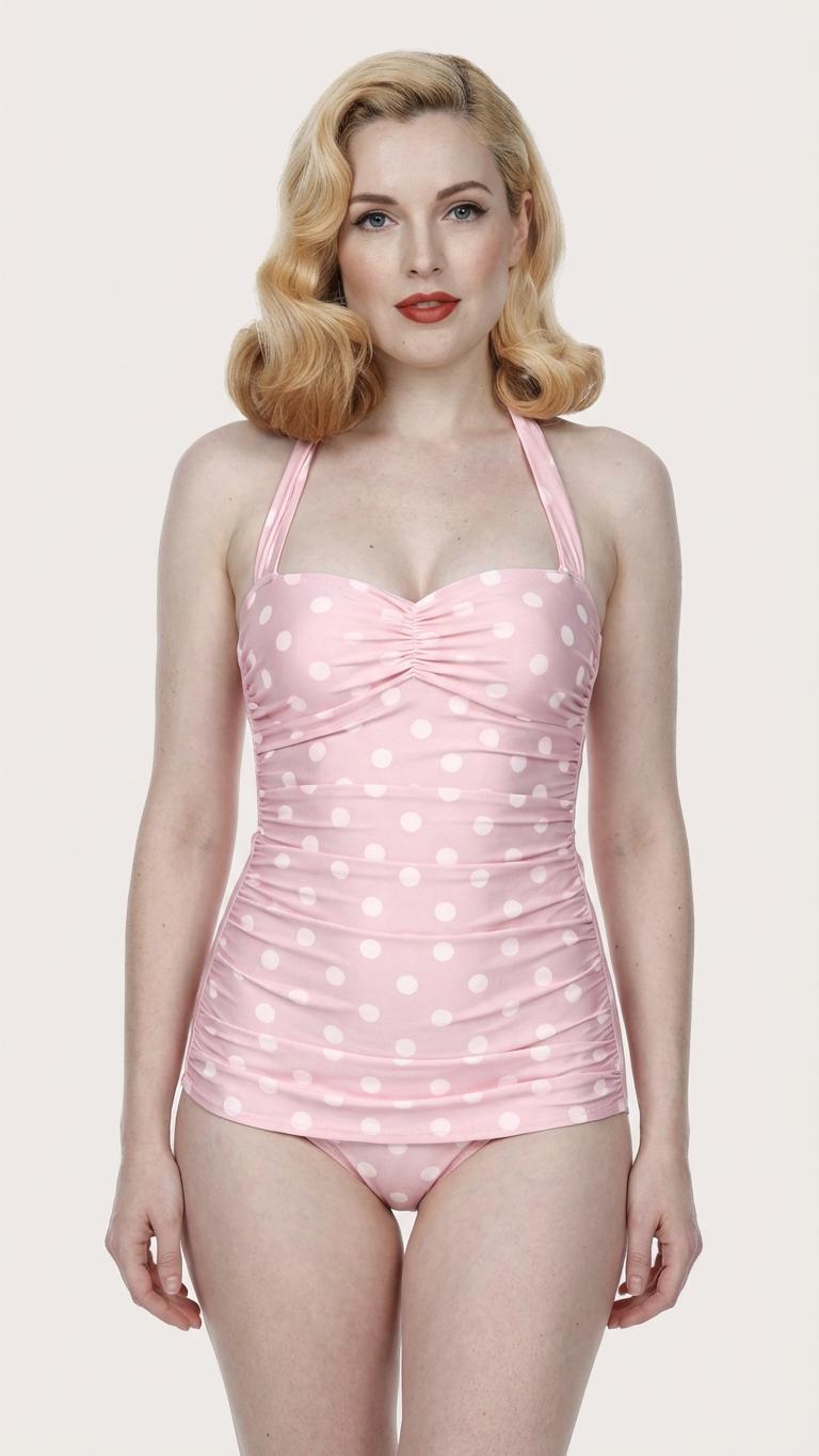 Retro Pale Pink Polka Dot Sweetheart One-Piece Swimsuit, 50s Pin Up, Padding & Tummy Control